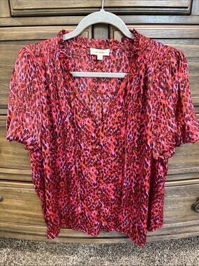 eesome Red and Pink Animal Print V-Neck Blouse